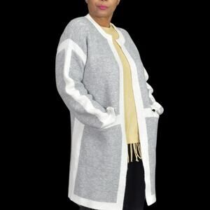 All Row Longline Cardigan Grey Open Front Sweater Colorblock Size Small Medium